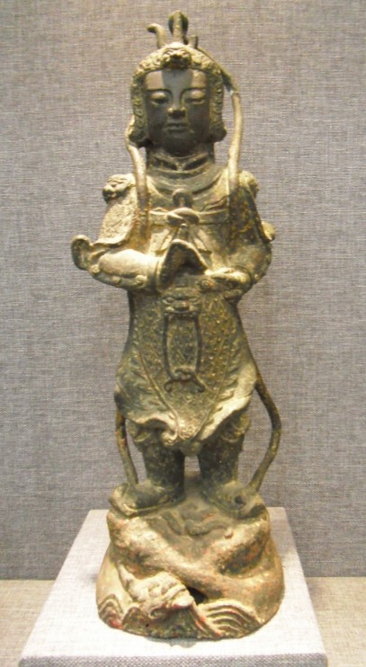 明铜漆金韦陀护法神像